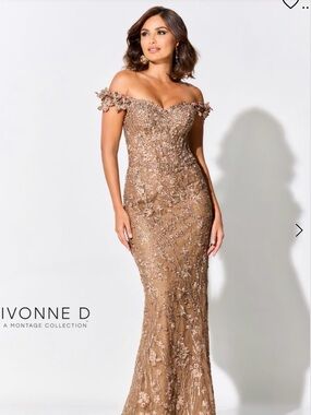 Ivonne D Off-Shoulder Embellished Taupe Prom Dress